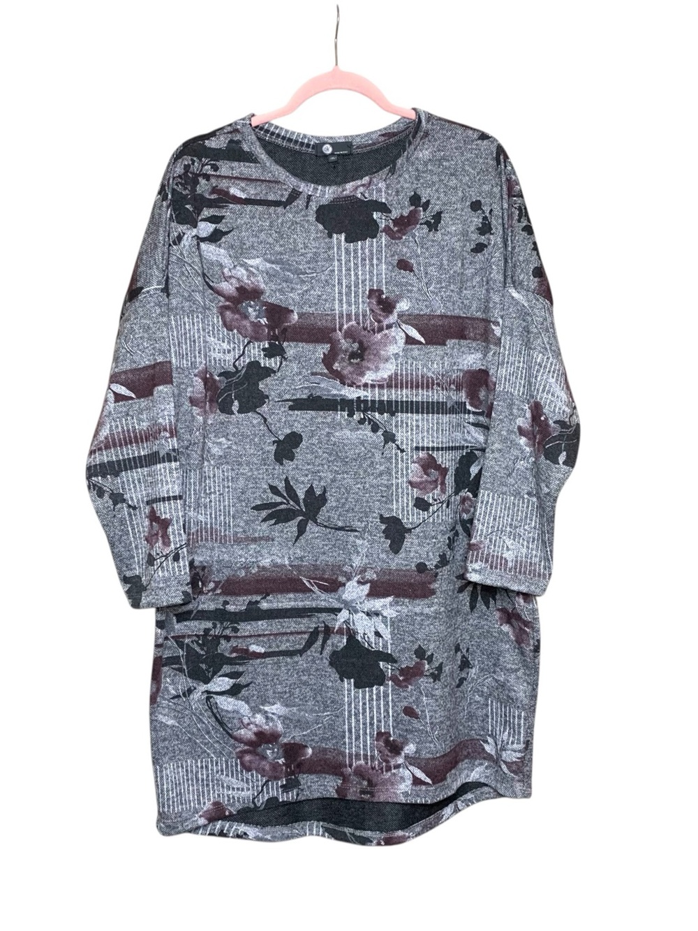 Grey Floral-Print Long Sleeve Knit Tunic Dress Sz XL Stretch Jersey Knit